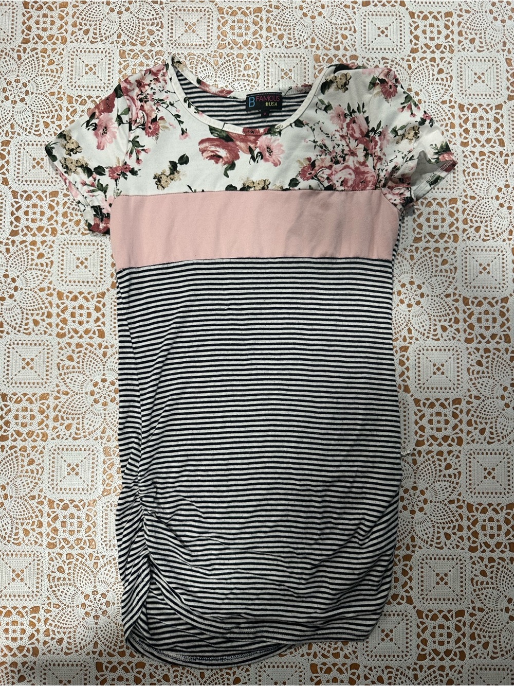 B Famous USA Floral Striped Ruched Mini Dress Size M
